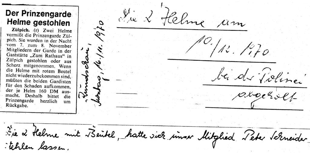 Helme der Prinzengarde Zülpich gestohlen. 16.11.1970