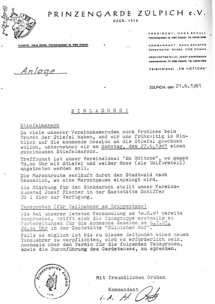 Siefelmarsch der Prinzengarde im Jahr 1981