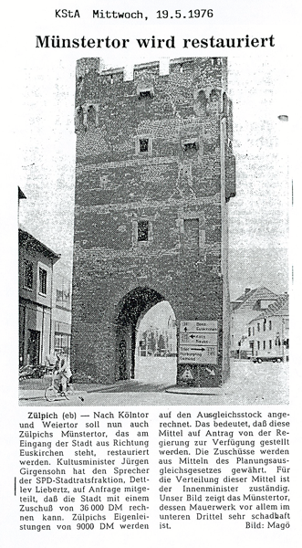 Zeitungsausschnitt Kölner Stadtanzeiger Münstertor 1976